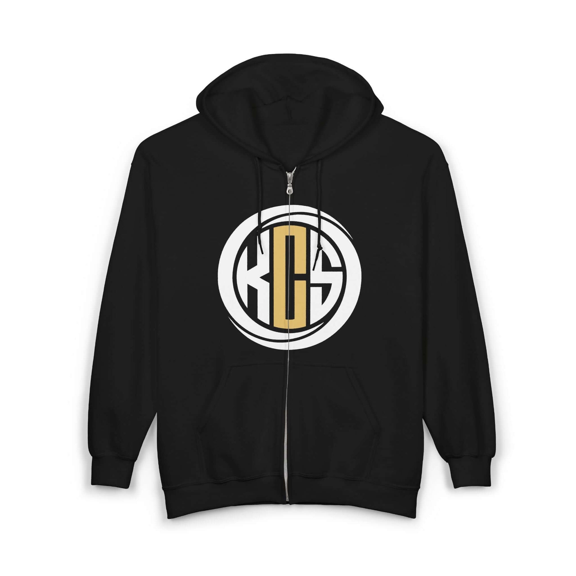 KCS logo zip up hoodie in black featuring a stylish design, perfect for casual wear and comfort.
