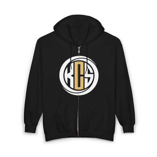 KCS logo zip up hoodie in black featuring a stylish design, perfect for casual wear and comfort.