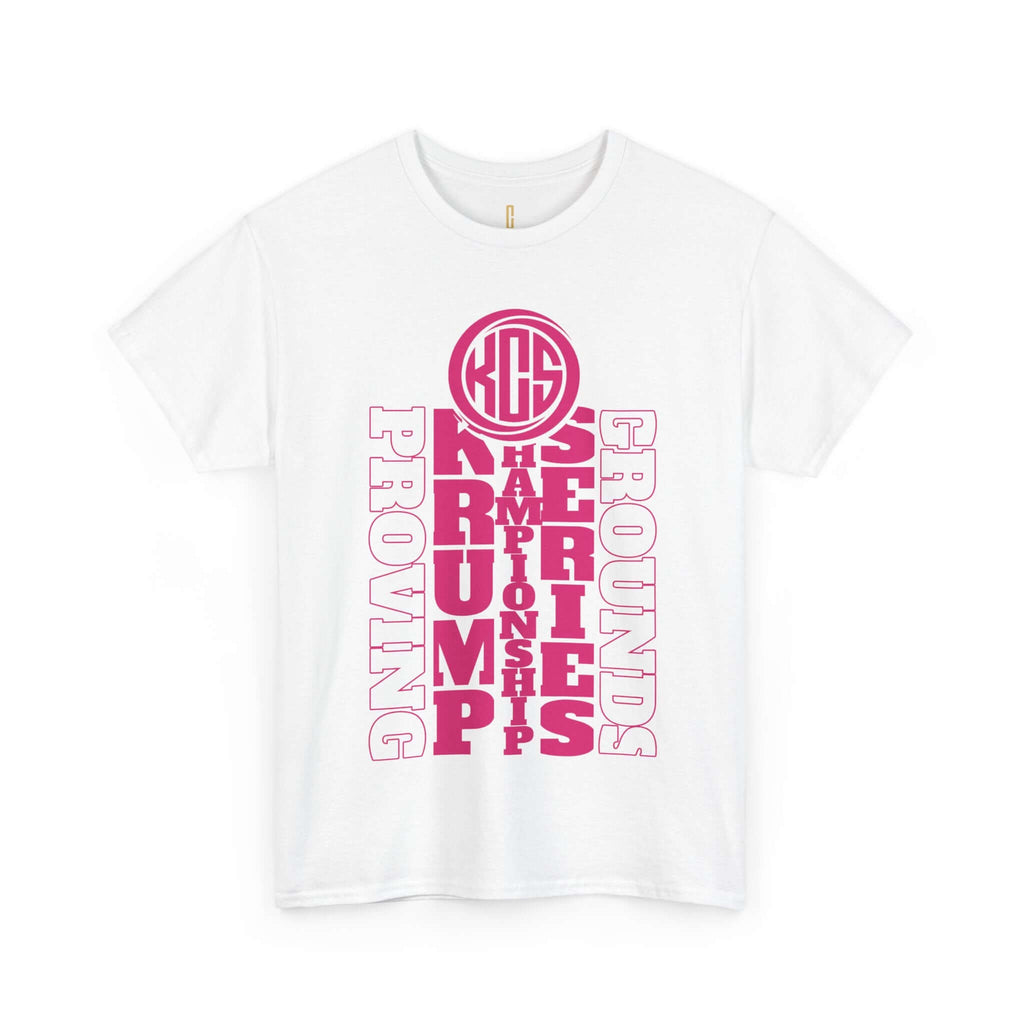 KCS Proving Grounds women's tee white shirt with pink graphic print, featuring Krump Championship Series logo.