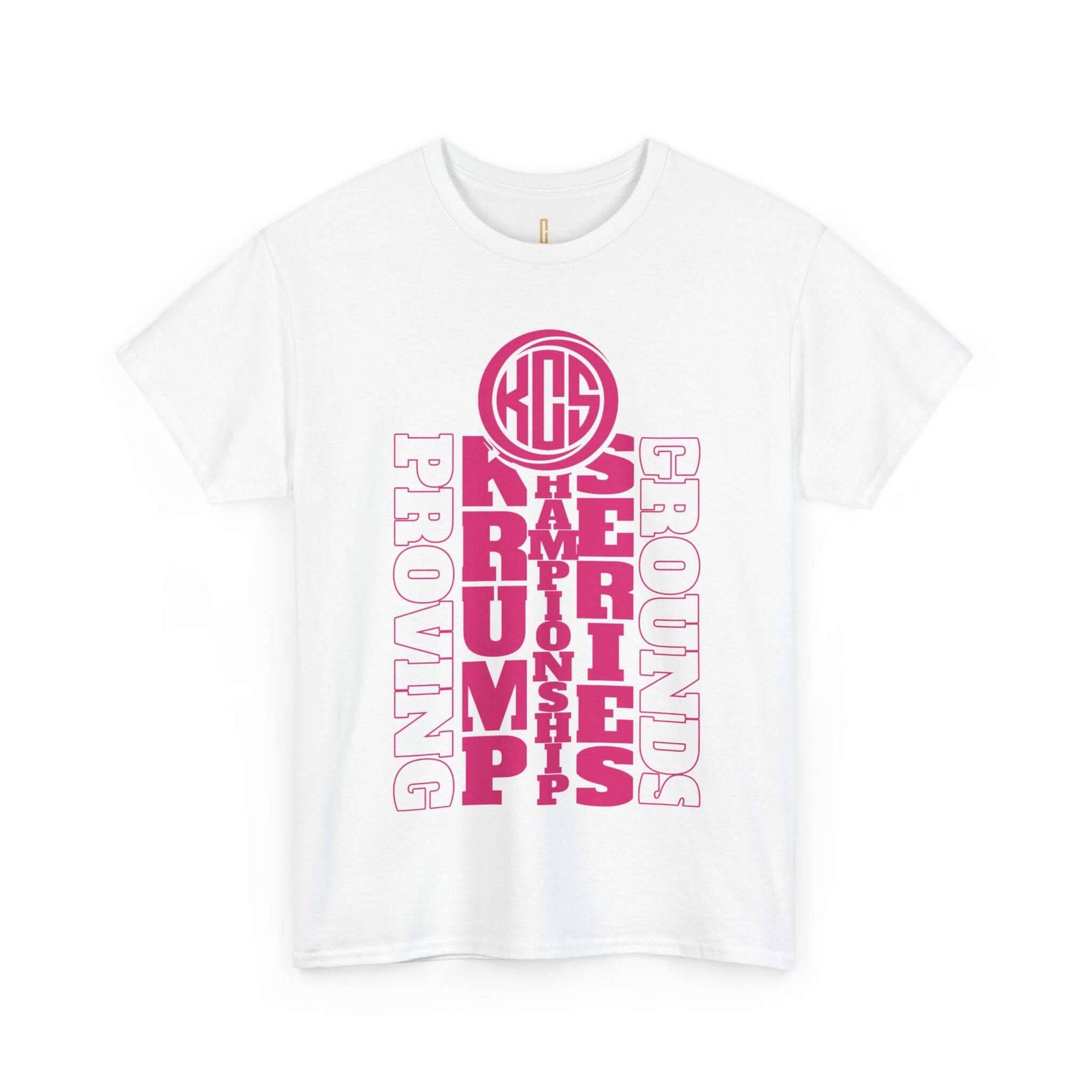 KCS Proving Grounds women's tee white shirt with pink graphic print, featuring Krump Championship Series logo.